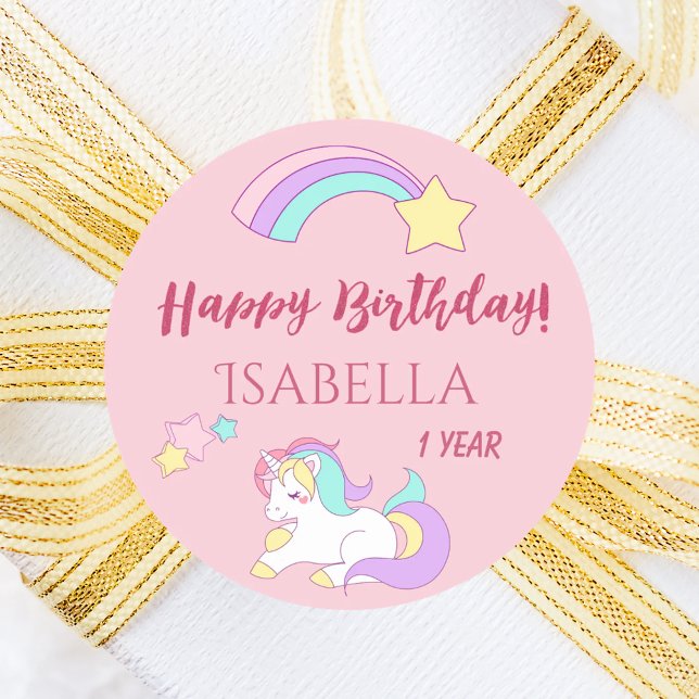 Unicorn pink magical happy birthday girl runder aufkleber (Von Creator hochgeladen)