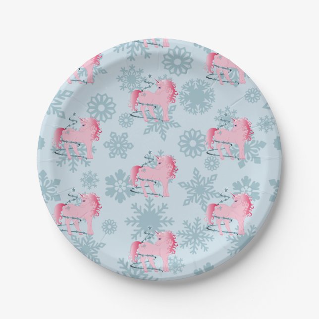 Unicorn Pink Niedlich Girl Whimsical Schneeflocken Pappteller (Vorderseite)