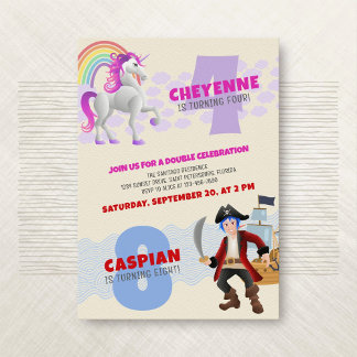 Unicorn Pirate Joint Double Birthday Einladung