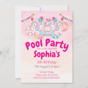 Unicorn Pool Party 6. Geburtstag Einladung Pink