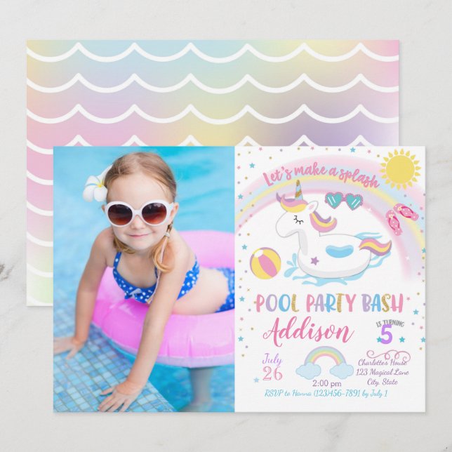 Unicorn Pool Party Anniversaire Invitation (Devant / Derrière)