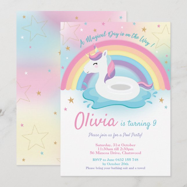Unicorn Pool Party Anniversaire Invitation Filles (Devant / Derrière)