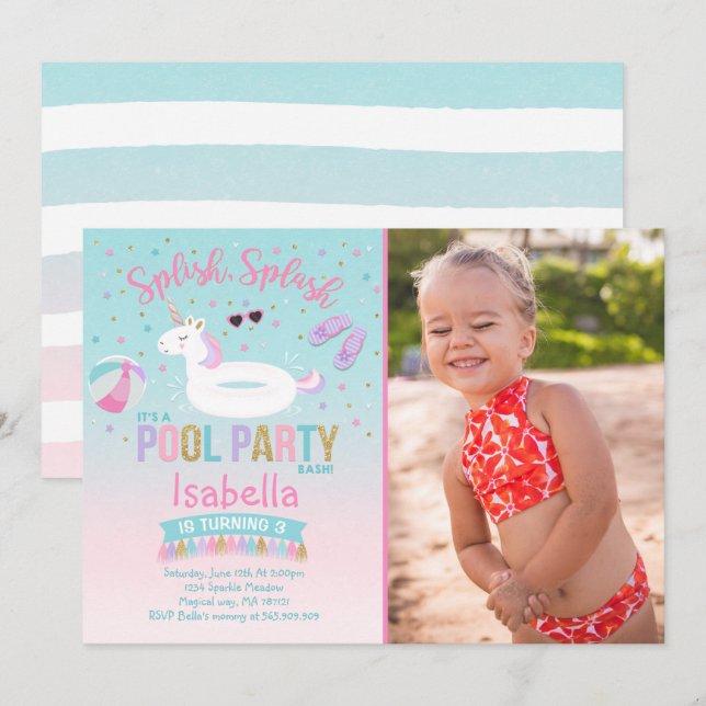 Unicorn Pool Party Anniversaire Invitation Pink Go (Devant / Derrière)