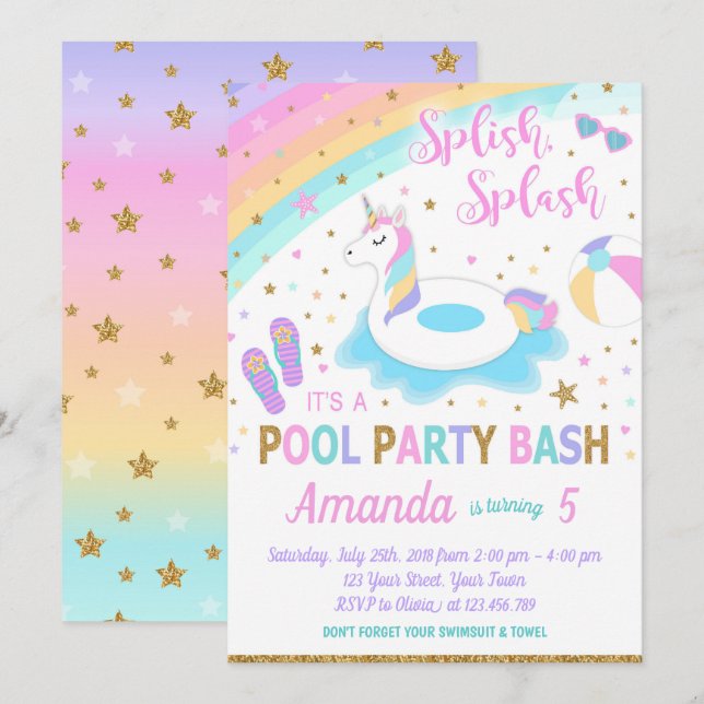 Unicorn Pool Party Anniversaire Invitation Rose &  (Devant / Derrière)