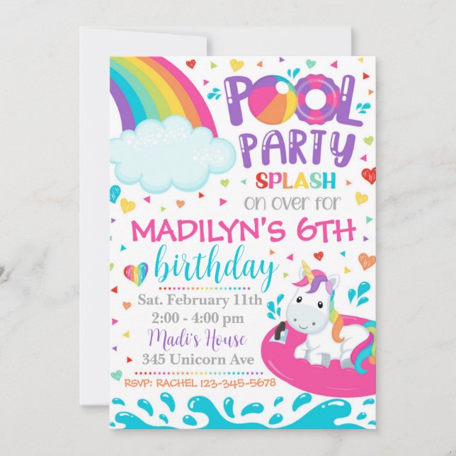 Unicorn Pool Party Einladung | Pool Party Einladun (Vorderseite)