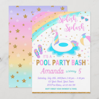 Unicorn Pool Party Geburtstag Einladung Pink & Gol