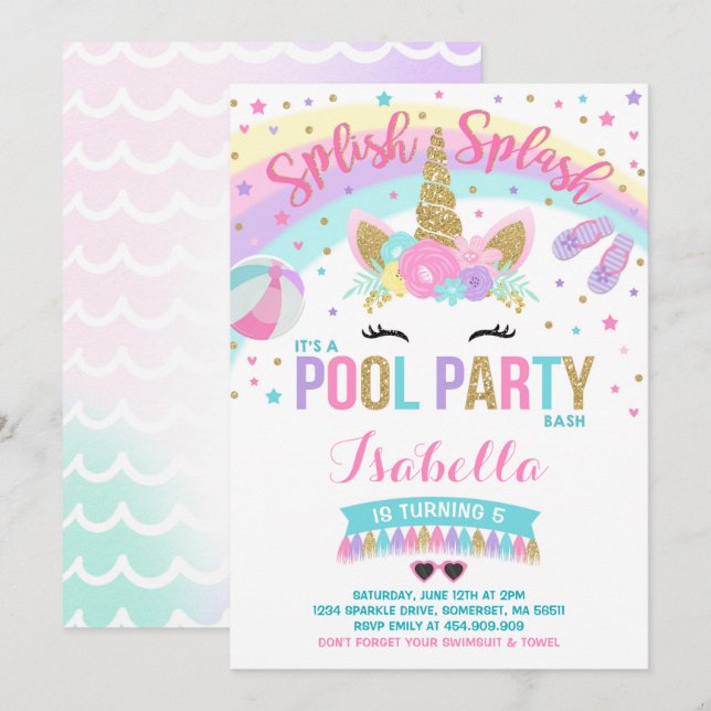 Unicorn Pool Party Invitation Pool Birthday Party (Devant / Derrière)