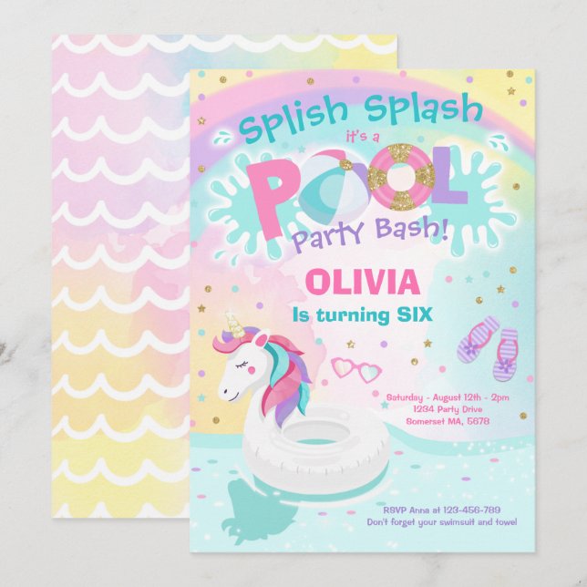 Unicorn Pool Party Invitation Pool Birthday Party (Devant / Derrière)