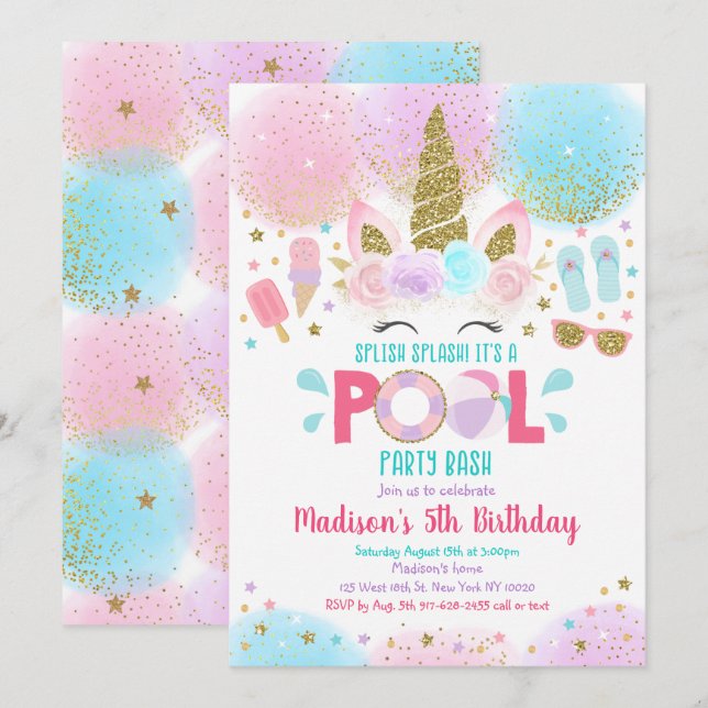 Unicorn Pool Party Pink Gold Invitation Anniversai (Devant / Derrière)