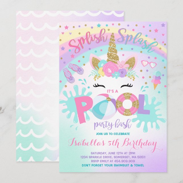 Unicorn Pool Pool Invitation Pool Anniversaire (Devant / Derrière)