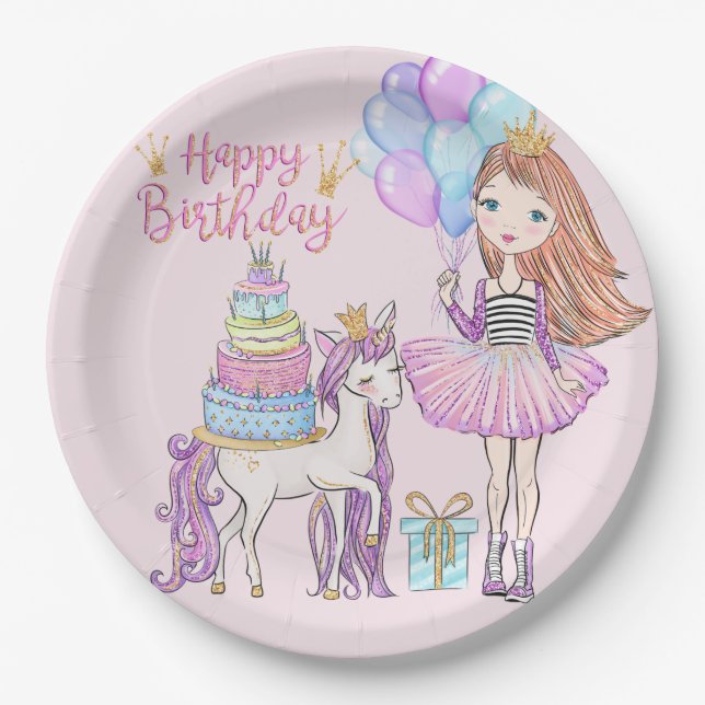 Unicorn Princess Cool Girl Birthday Pappteller (Vorderseite)