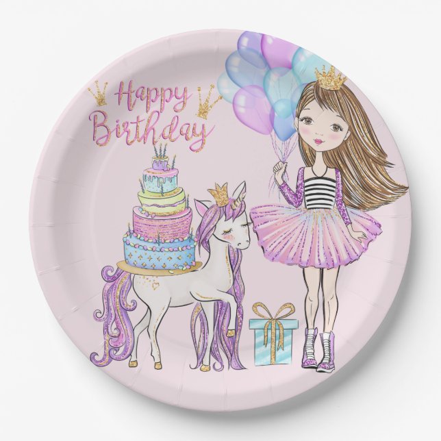 Unicorn Princess Cooles Brünettes Mädchen Geburtst Pappteller (Vorderseite)