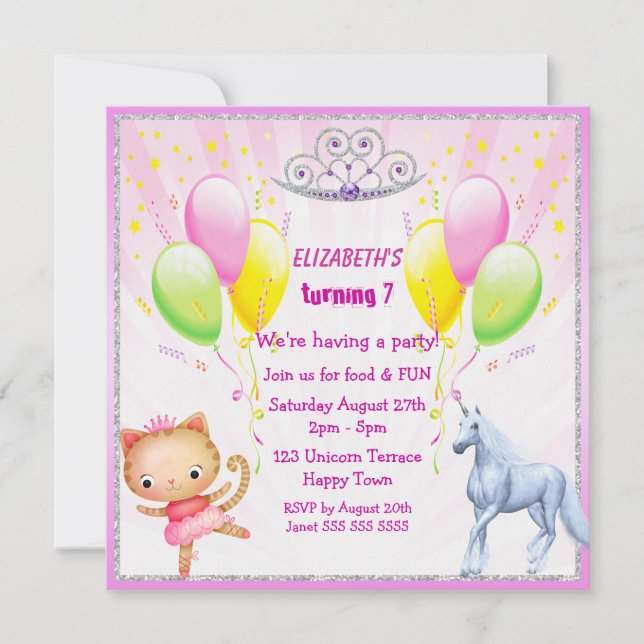 Unicorn, Princess Kitty, Tiara & Balloons Invites Einladung (Vorderseite)