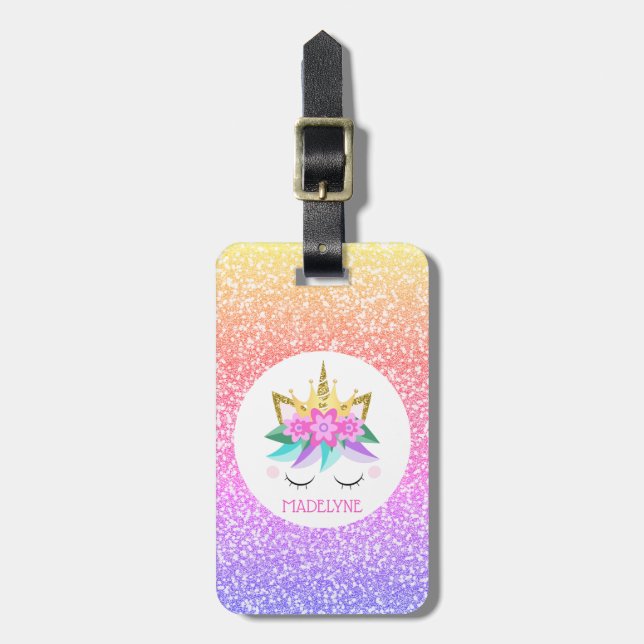 Unicorn Princess Rainbow Glitzer Personalisierter  Gepäckanhänger (Vorderseite vertikal)