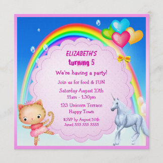 Unicorn, Prinzessin Kitty u. Regenbogen-Party lädt Einladung