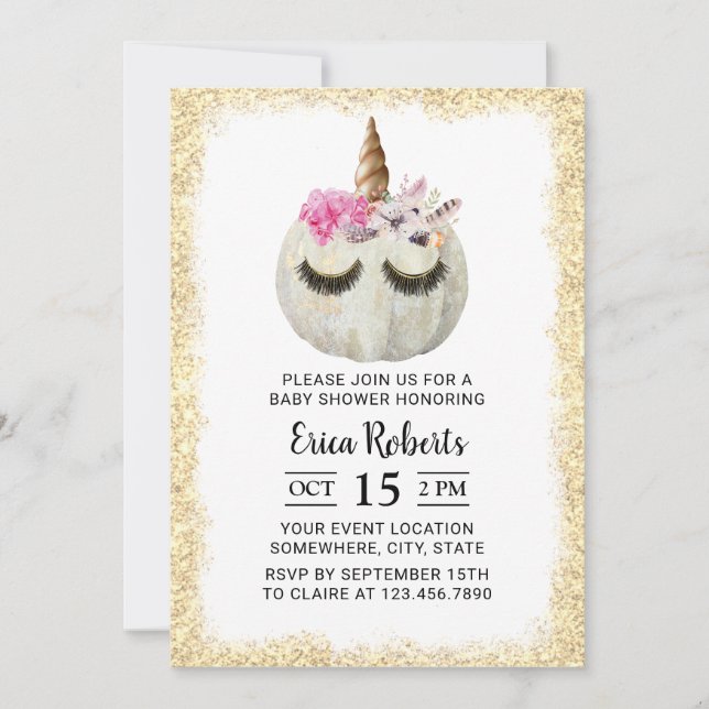 Unicorn Pumpkin Gold Glitzer Baby Shower Einladung (Vorderseite)