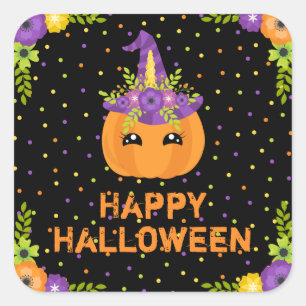 Unicorn Pumpkin Happy Halloween Black Square Stick Quadratischer Aufkleber