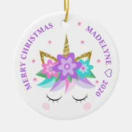 Unicorn Purple Flowers Glitzer Personalisierter Na Keramik Ornament