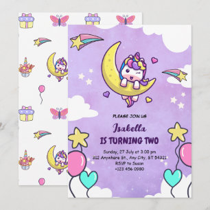 Unicorn Purple Two Girl Birthday Invitation Card