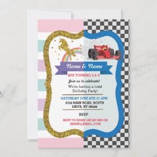 Unicorn & Race Car Joint Boy Girl Einladung zum Ge
