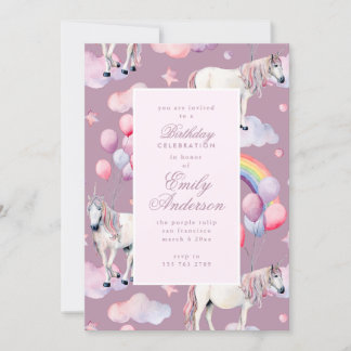 Unicorn Rainbow Balloons Pink Birthday Party Girl Einladung