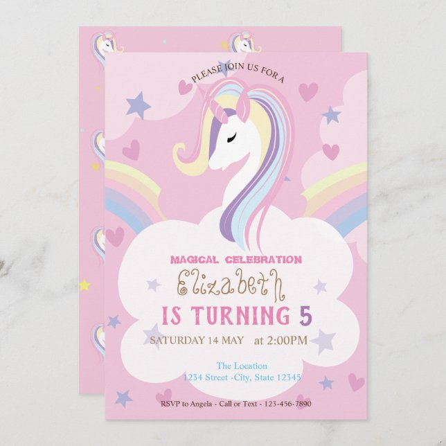 Unicorn Rainbow Birthday Einladung (Vorne/Hinten)
