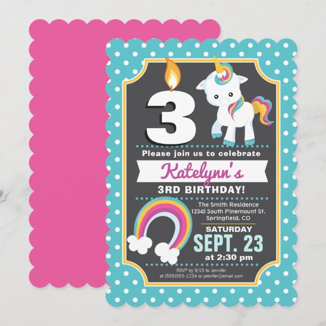 Unicorn & Rainbow Birthday Invitation Girl Einladung (Vorne/Hinten)