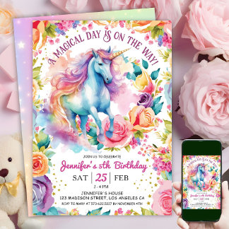 Unicorn Rainbow Floral Bloom | 5. Geburtstag Einladung