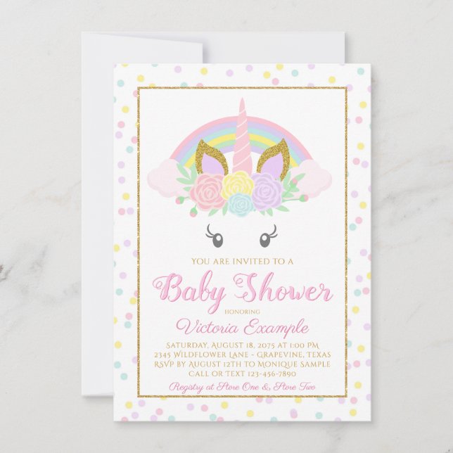Unicorn Rainbow Girl Baby Shower Invitations (Devant)