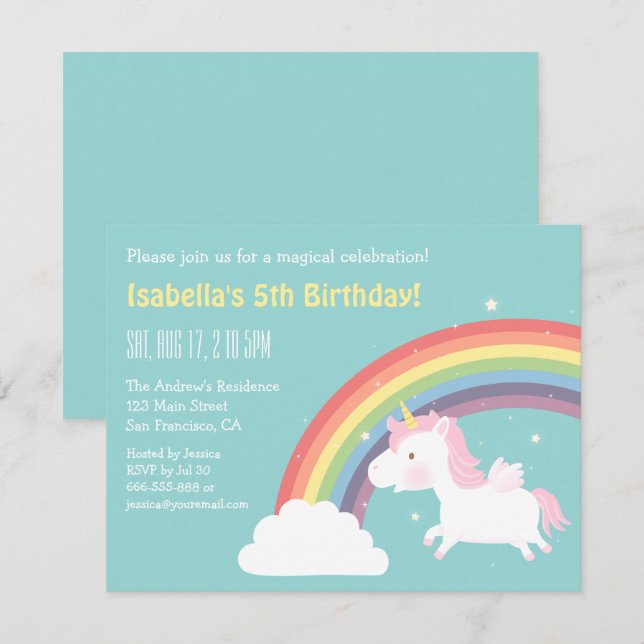 Unicorn Rainbow Girls Birthday Party Invitations (Devant / Derrière)