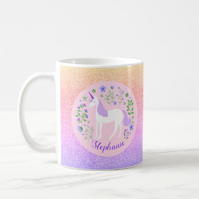 Unicorn Rainbow Glitzer Personalisiert Name Kaffeetasse (Links)