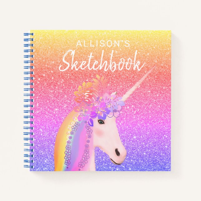 Unicorn Rainbow Glitzer Sketchbook Skript Notizbuch (Vorderseite)