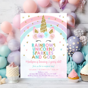 Unicorn Rainbow Glitzern Gold Geburtstag Einladung