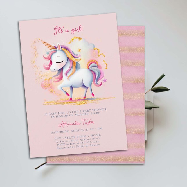 Unicorn Rainbow Gold Glitzer Cloud Girl Baby Showe Einladung (magical unicorn baby girl shower invitation watercolor illustration rainbow clouds glitter gold chic)