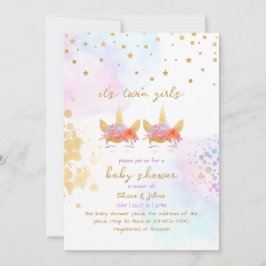 Unicorn Rainbow Gold Glitzer Twin Girl Baby Shower Einladung