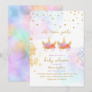 Unicorn Rainbow Gold Glitzer Twin Girl Baby Shower Einladung