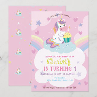 Unicorn Rainbow Hearts Stars Geburtstag Einladung