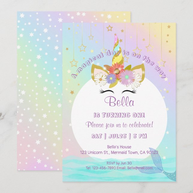 Unicorn Rainbow Mermaid Erstgeburtstag Einladungen (Vorne/Hinten)