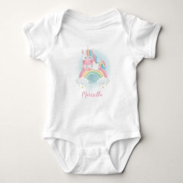 Unicorn Rainbow Name Personalisiert Baby Bodysuit Strampler (Vorderseite)