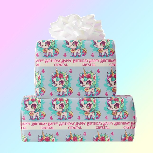 Unicorn Rainbow Personalize Name & Age Girl's Geschenkpapier (Von Creator hochgeladen)
