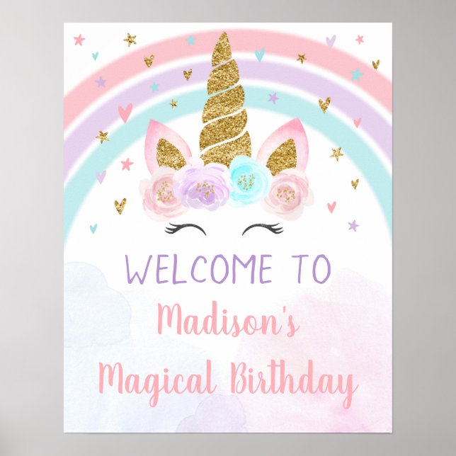 Unicorn Rainbow Pink Gold Birthday Poster (Vorne)
