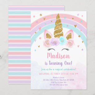 Unicorn Rainbow Pink Gold Pastel Birthday Einladung