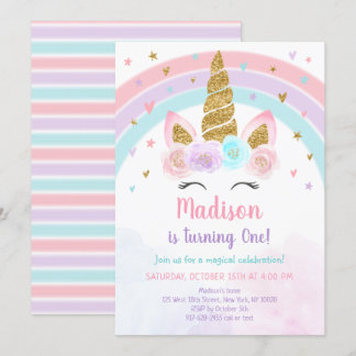 Unicorn Rainbow Pink Gold Pastel Birthday Einladung