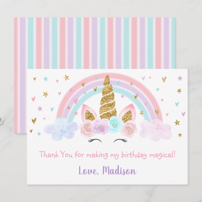 Unicorn Rainbow Pink Gold Vielen Dank Dankeskarte (Vorne/Hinten)