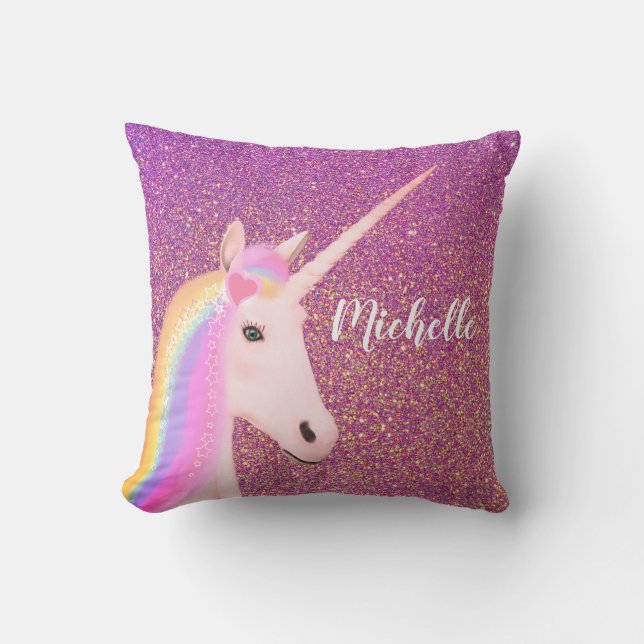 Unicorn Rainbow Pink Ombre Glitzer Personalisiert Kissen (Vorderseite)