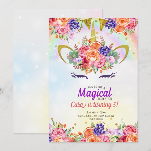 Unicorn Rainbow Tropical Birthday Einladung (Vorne/Hinten)