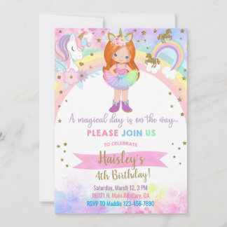 Unicorn red hair girl magical birthday invitation. einladung