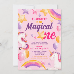 Unicorn Regenbogen Rosa Magie 1. Geburtstag Einladung
