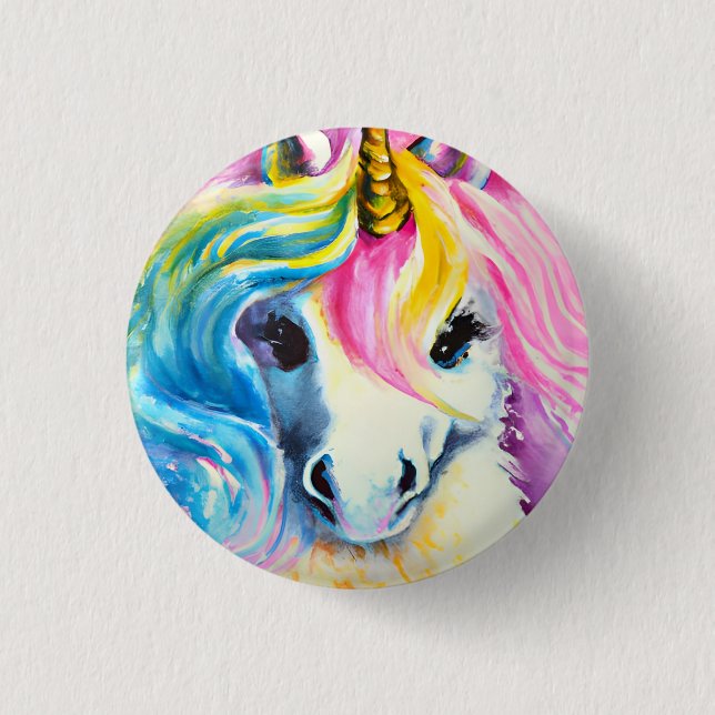 Unicorn Regenbogen Wasserfarbe Button (Vorderseite)