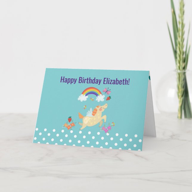 Unicorn Regenbogen Wolken und Blume Glücklich Gebu Karte (Vorderseite)